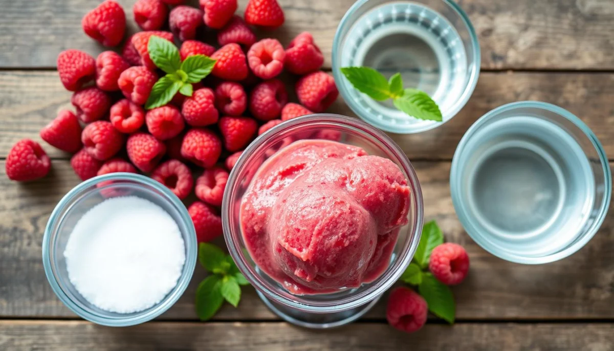 Fresh raspberries and raspberry sorbet ingredients Fresh raspberries and raspberry sorbet ingredients