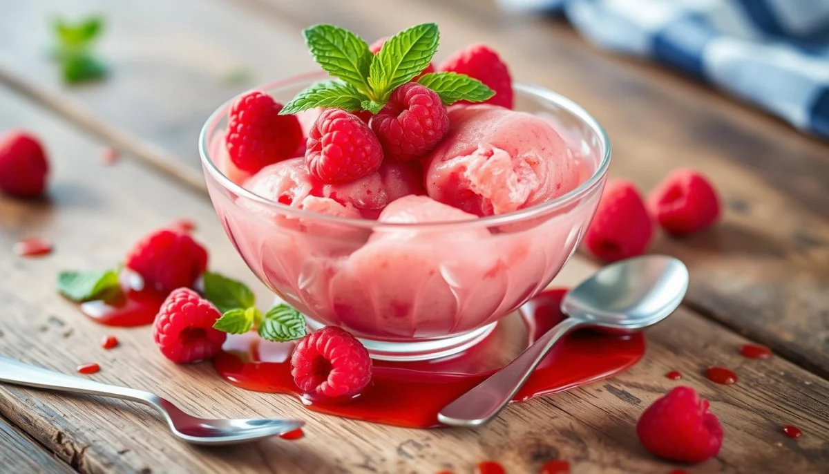 Serving raspberry sorbet Serving raspberry sorbet