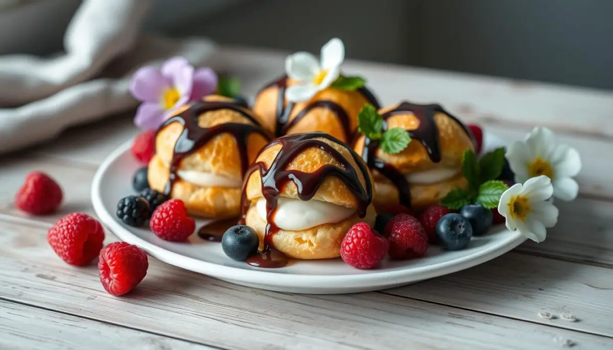 dessert presentation with profiteroles