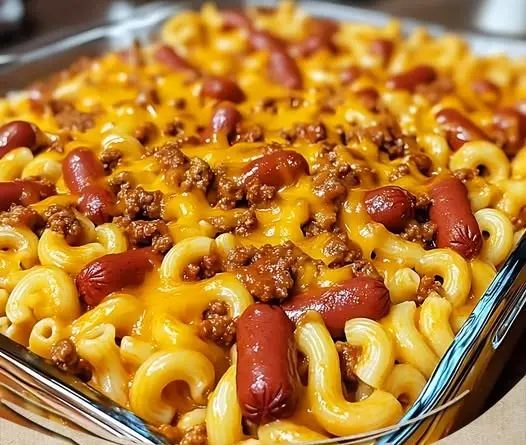 Loaded Chili Cheese Dog Pasta Bake