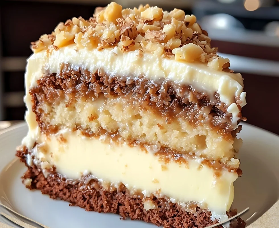 White German Chocolate Cake with a Cheesecake Center