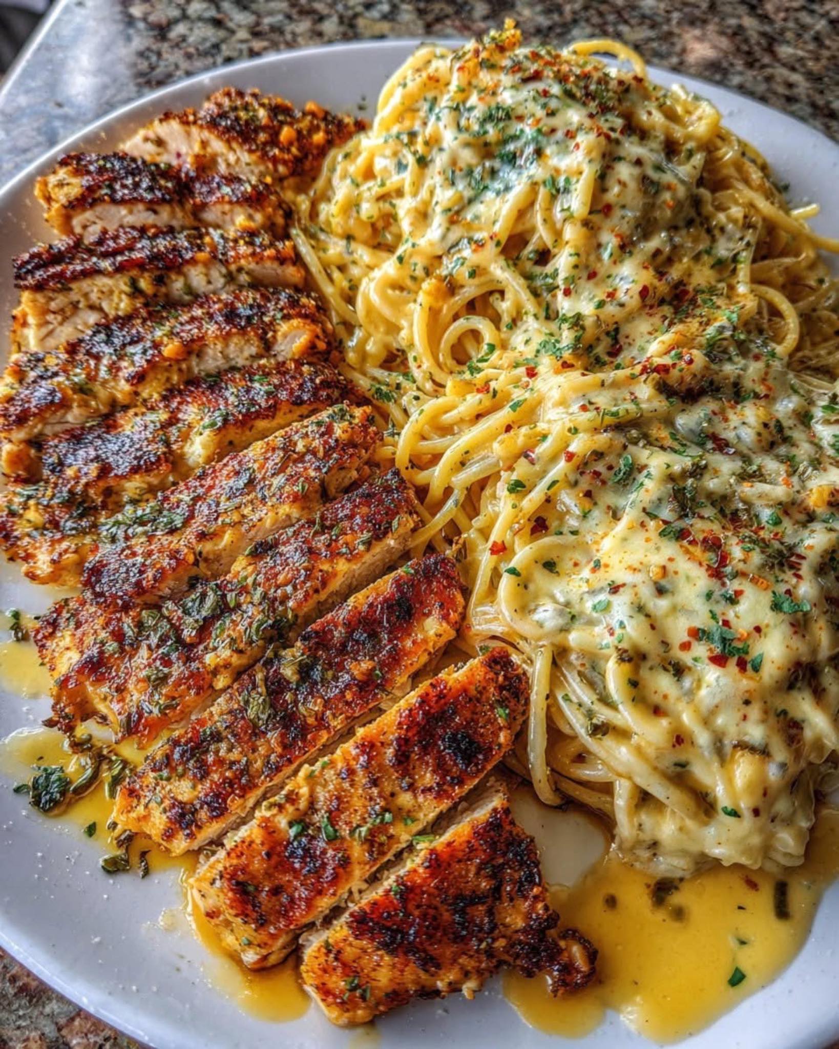 Garlic Parmesan Chicken Spaghetti in Spicy Cajun Cream Sauce