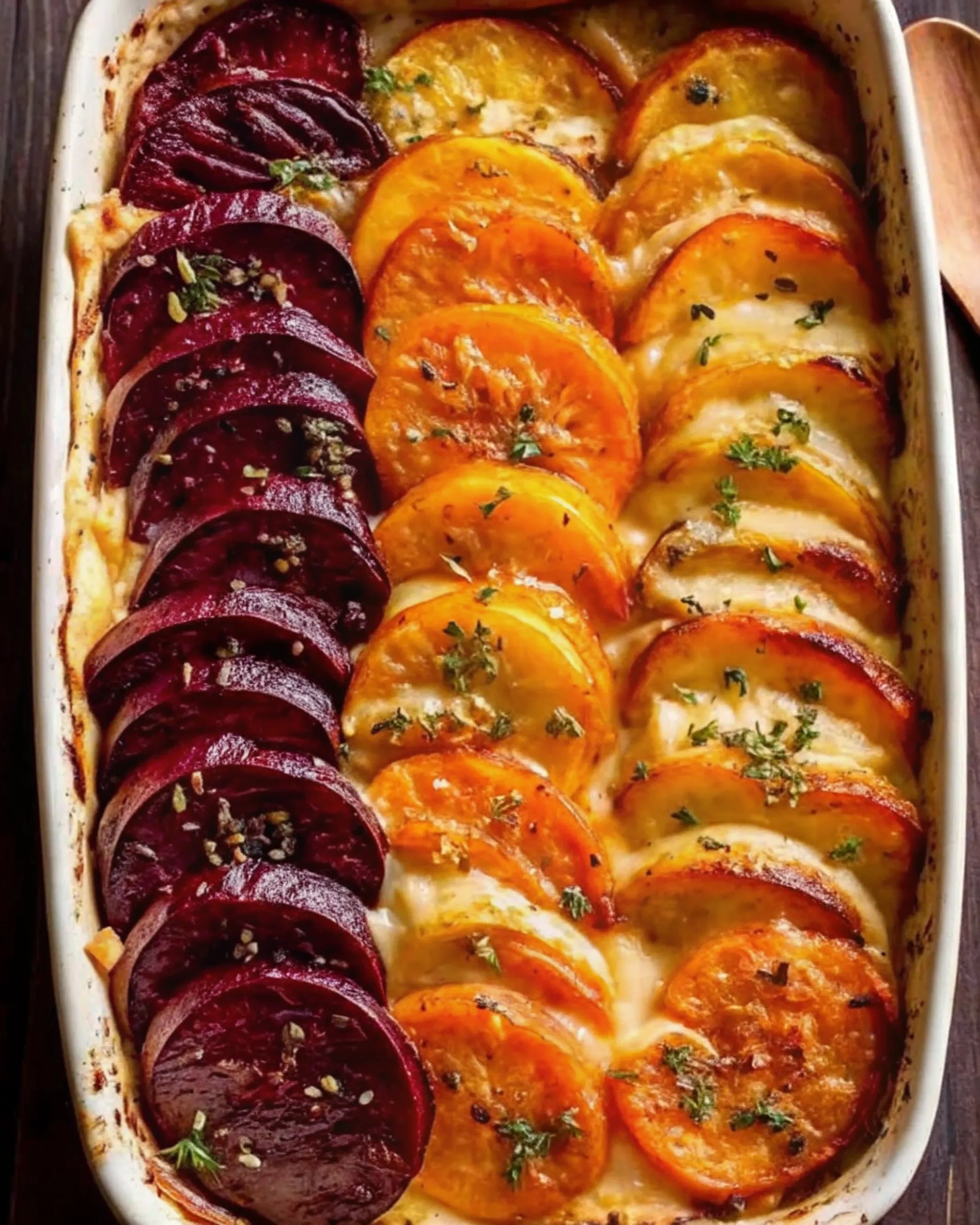 Root Vegetable Gratin with Sweet Potatoes, Parsnips, and Beets