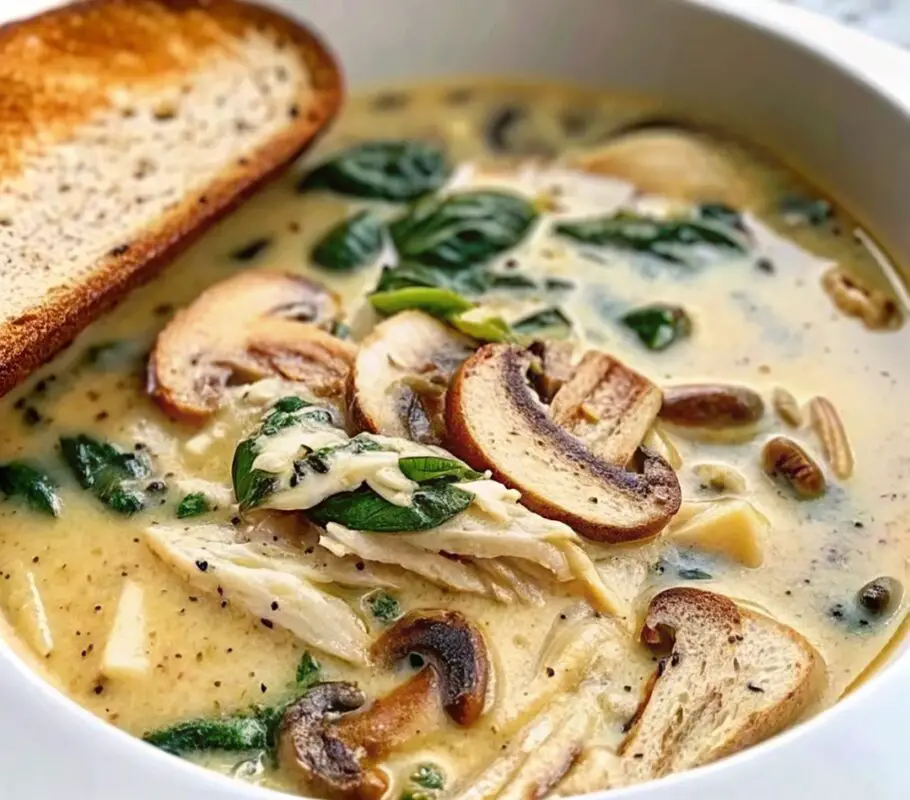 Select Creamy Rotisserie Chicken & Mushroom Soup with Spinach and Fresh Thyme 🍲🌿
Creamy Rotisserie Chicken & Mushroom Soup with Spinach and Fresh Thyme