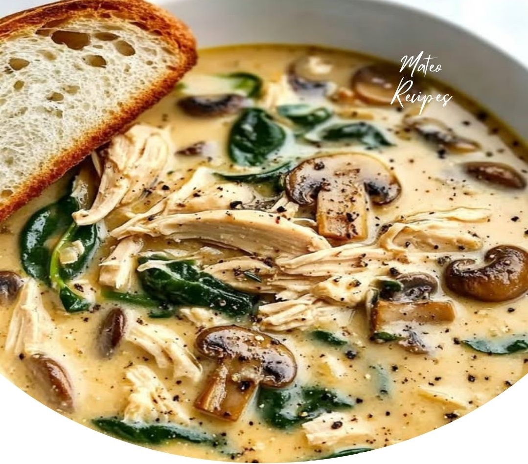 Creamy Rotisserie Chicken & Mushroom Soup with Spinach and Fresh Thyme
