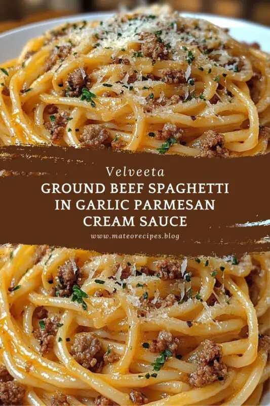 Velveeta Ground Beef Spaghetti in Garlic Parmesan Cream Sauce recipe.
