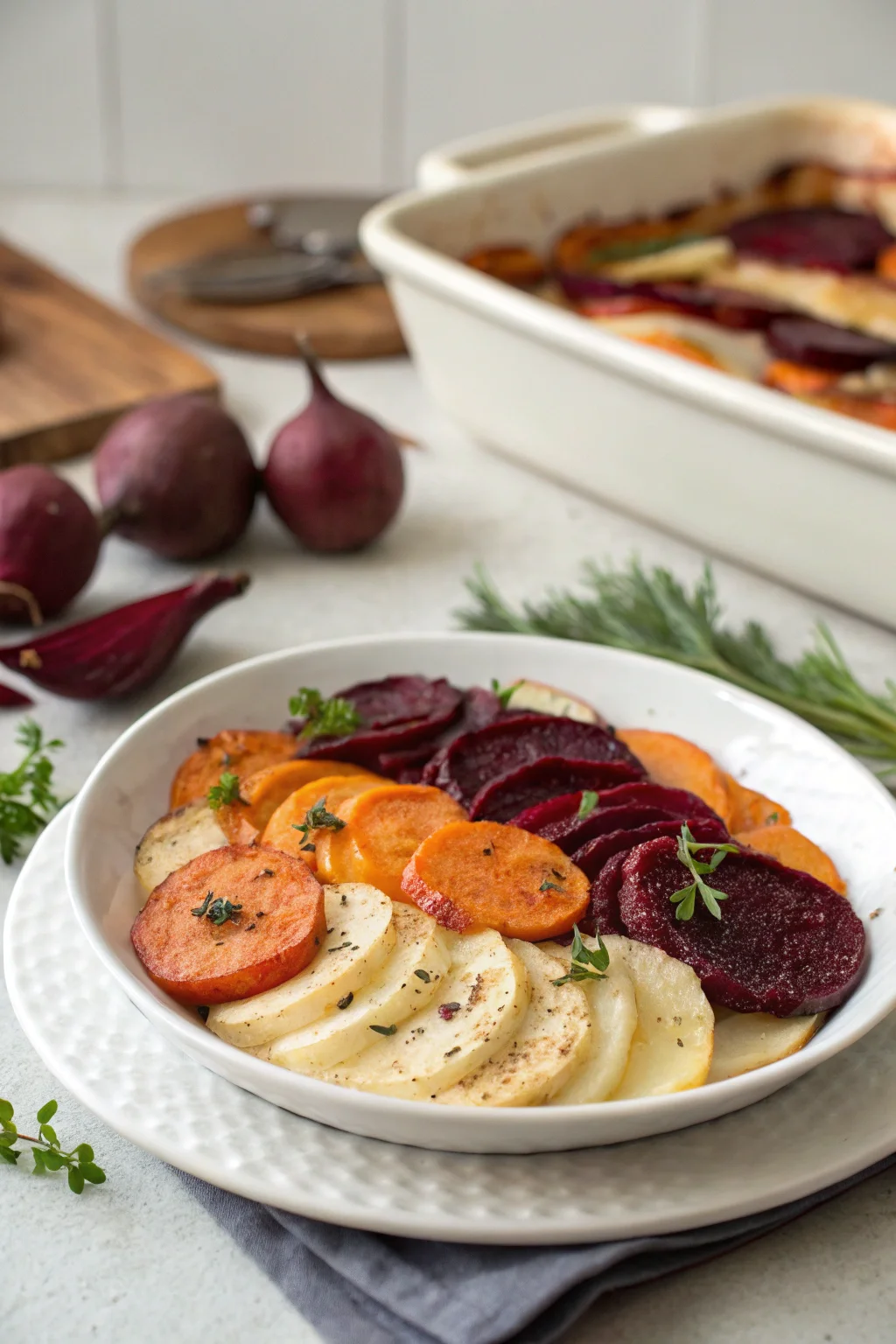 Root Vegetable Gratin with Sweet Potatoes, Parsnips, and Beets