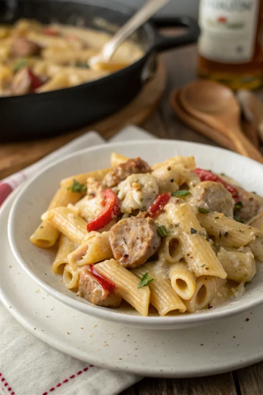 A delicious plate of Creamy Pepper Jack Chicken & Sausage Pasta Skillet