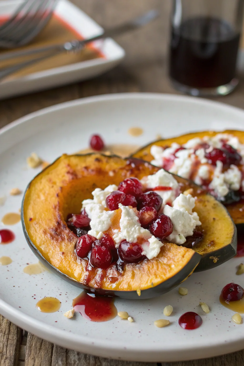 Honey-Glazed Acorn Squash with Creamy Goat Cheese and Cranberry Drizzle
