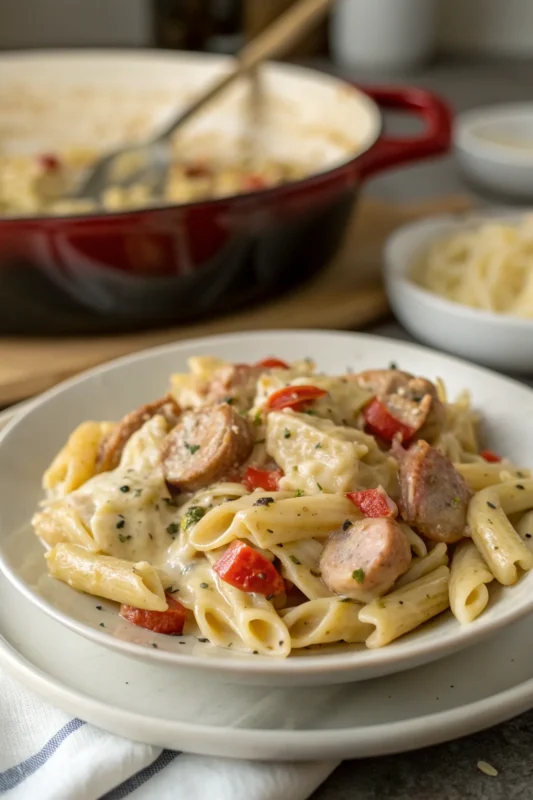 A delicious plate of Creamy Pepper Jack Chicken & Sausage Pasta Skillet