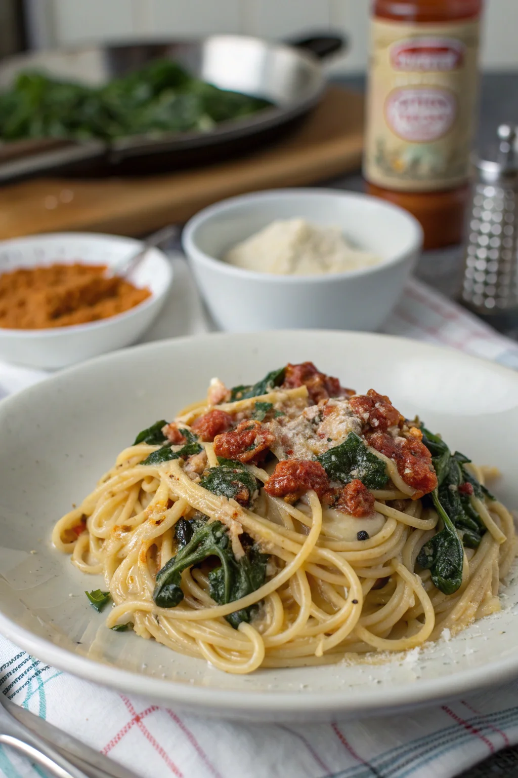 Spaghetti & Spinach with Sun-Dried Tomato Cream Sauce