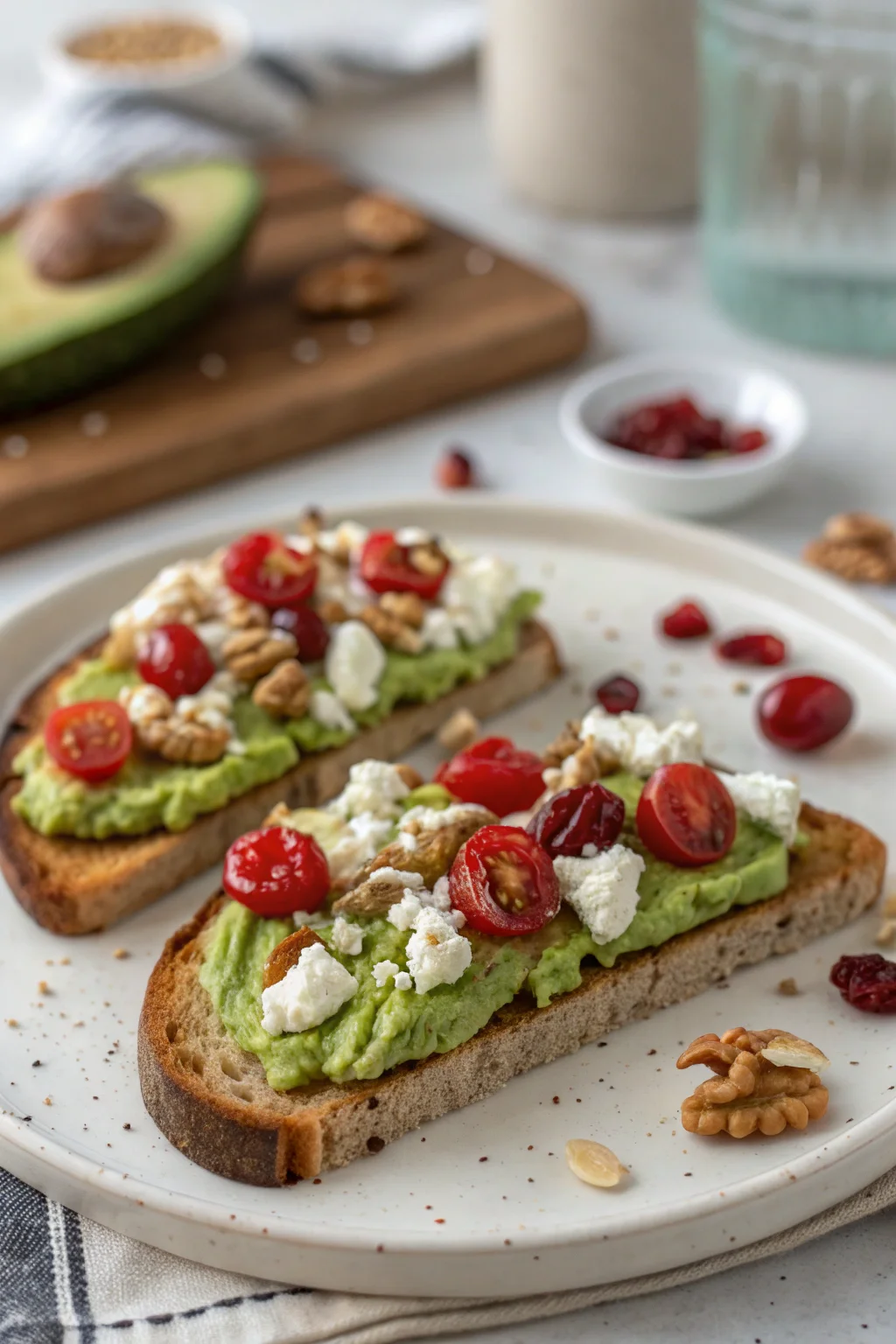 Avocado Toast with Feta, Cherry Tomatoes, Cranberries, and Walnuts