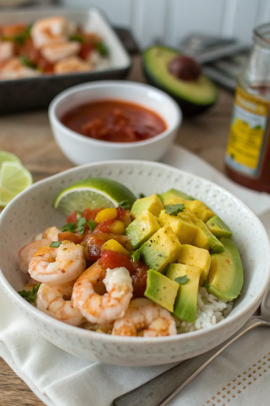 Shrimp and Avocado Bowls with Mango Salsa & Lime-Chili Sauce