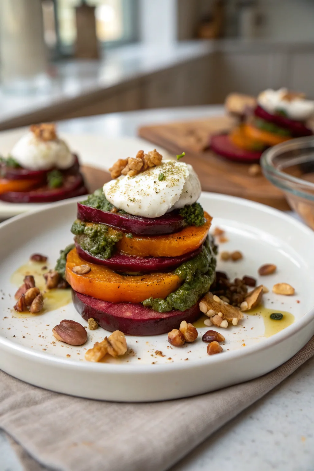 Sweet Potato & Beet Stacks with Pesto, Burrata & Walnuts