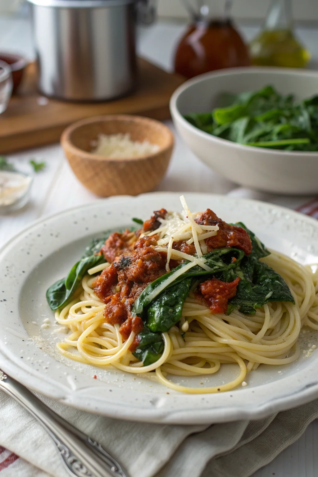 Spaghetti & Spinach with Sun-Dried Tomato Cream Sauce
