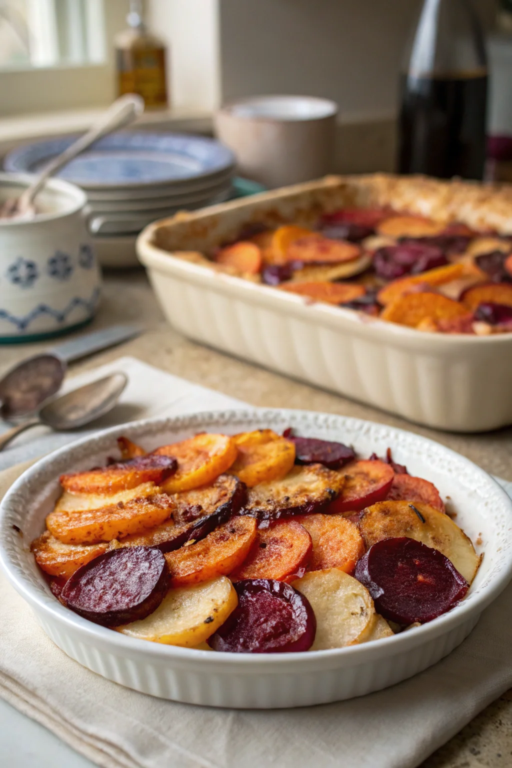Root Vegetable Gratin with Sweet Potatoes, Parsnips, and Beets