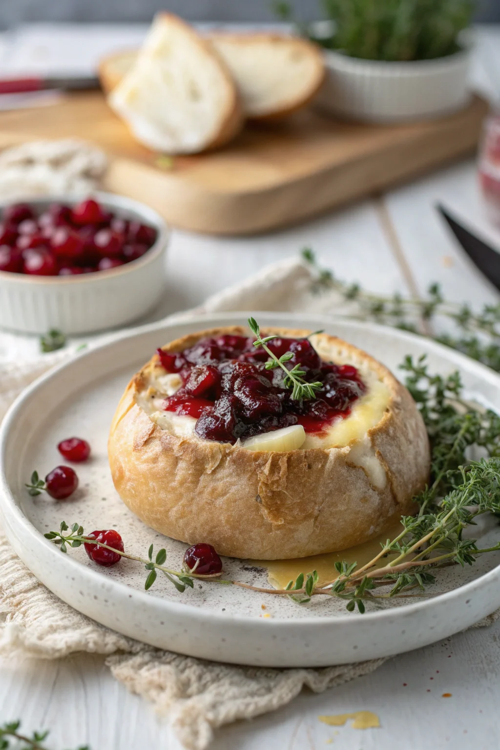 Baked Brie in Bread Bowl with Cranberry Sauce and Thyme