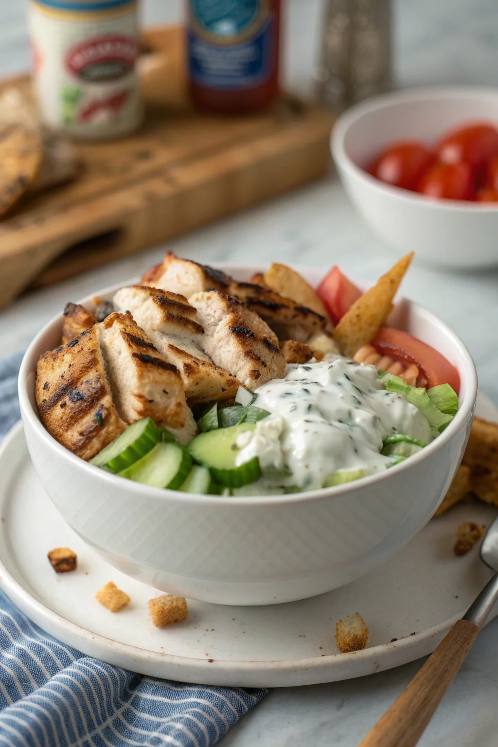 ('Loaded Grilled Chicken Tzatziki Bowl',)