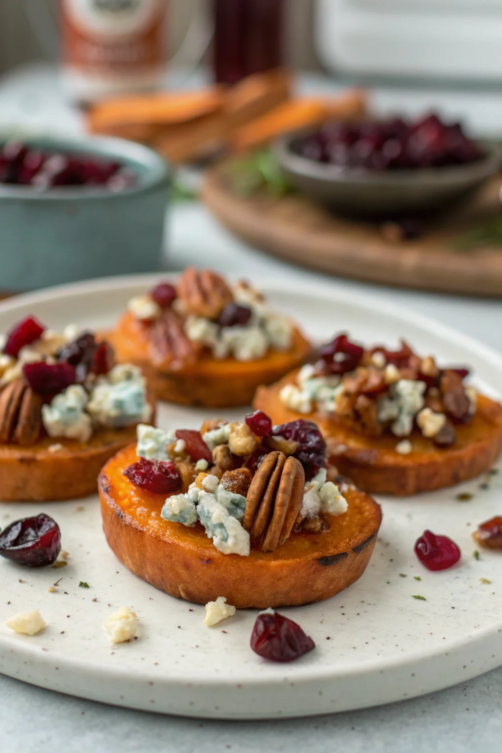 Sweet Potato Rounds with Blue Cheese, Cranberry & Pecans