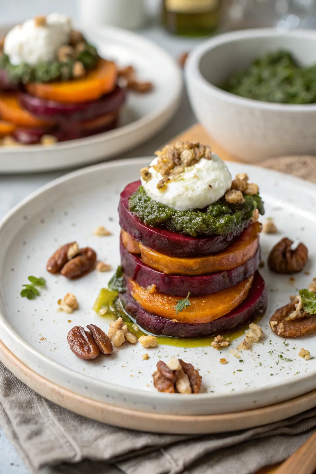 Sweet Potato & Beet Stacks with Pesto, Burrata & Walnuts