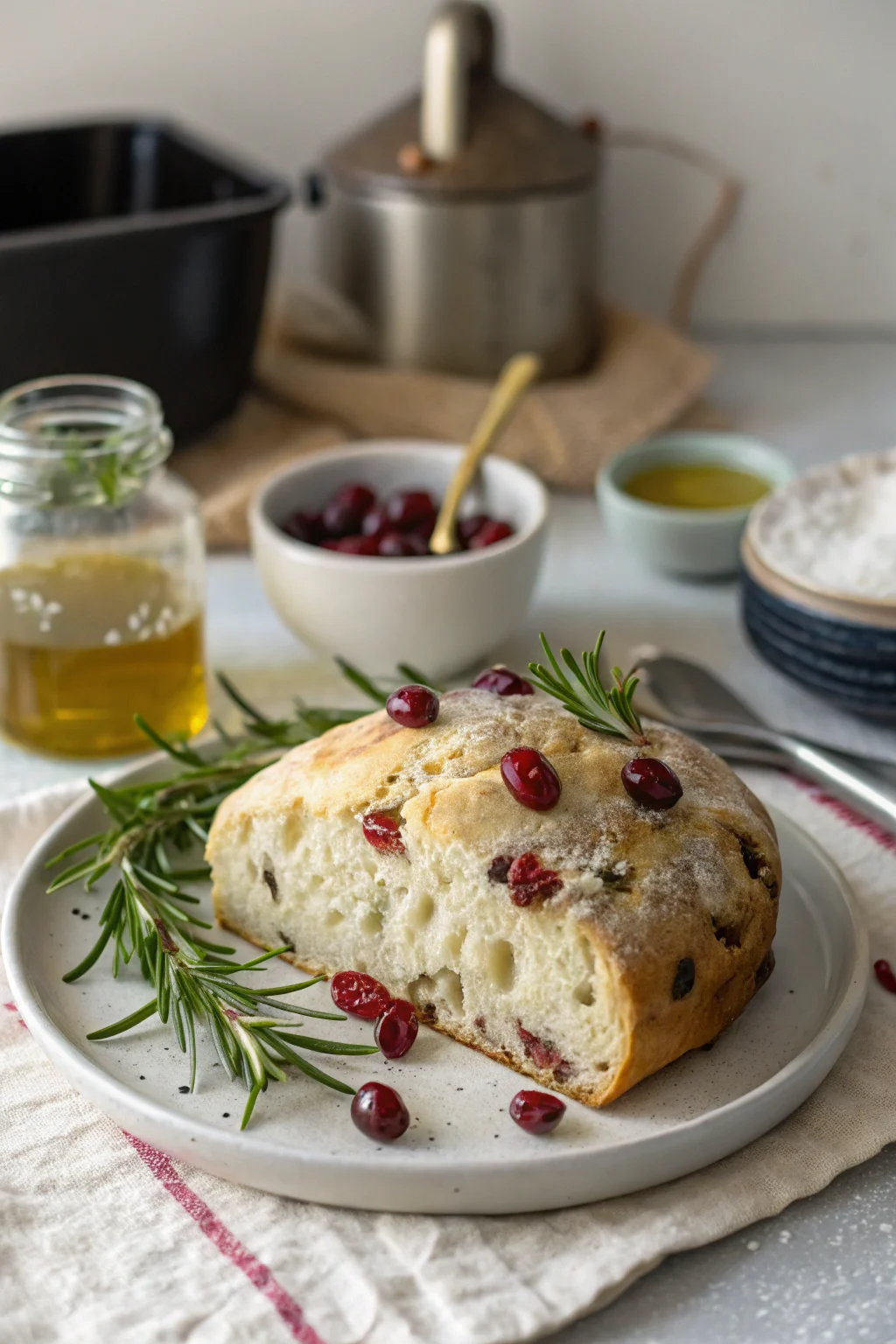 No-Knead Rosemary Cranberry Bread with Olive Oil & Sea Salt recipe