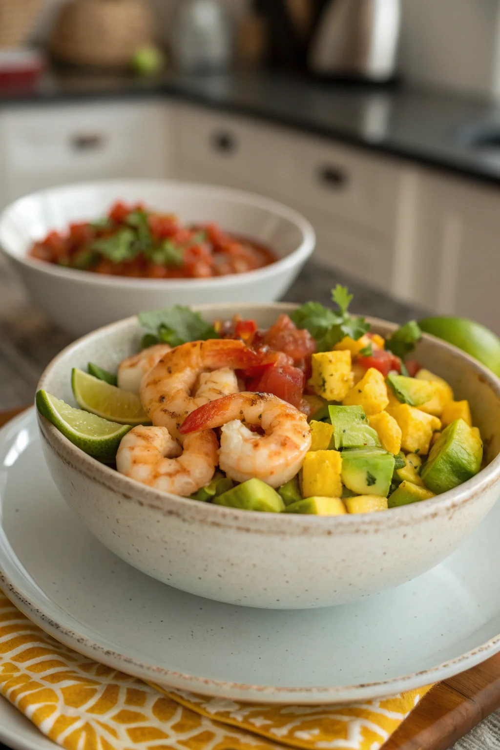 Shrimp and Avocado Bowls with Mango Salsa & Lime-Chili Sauce