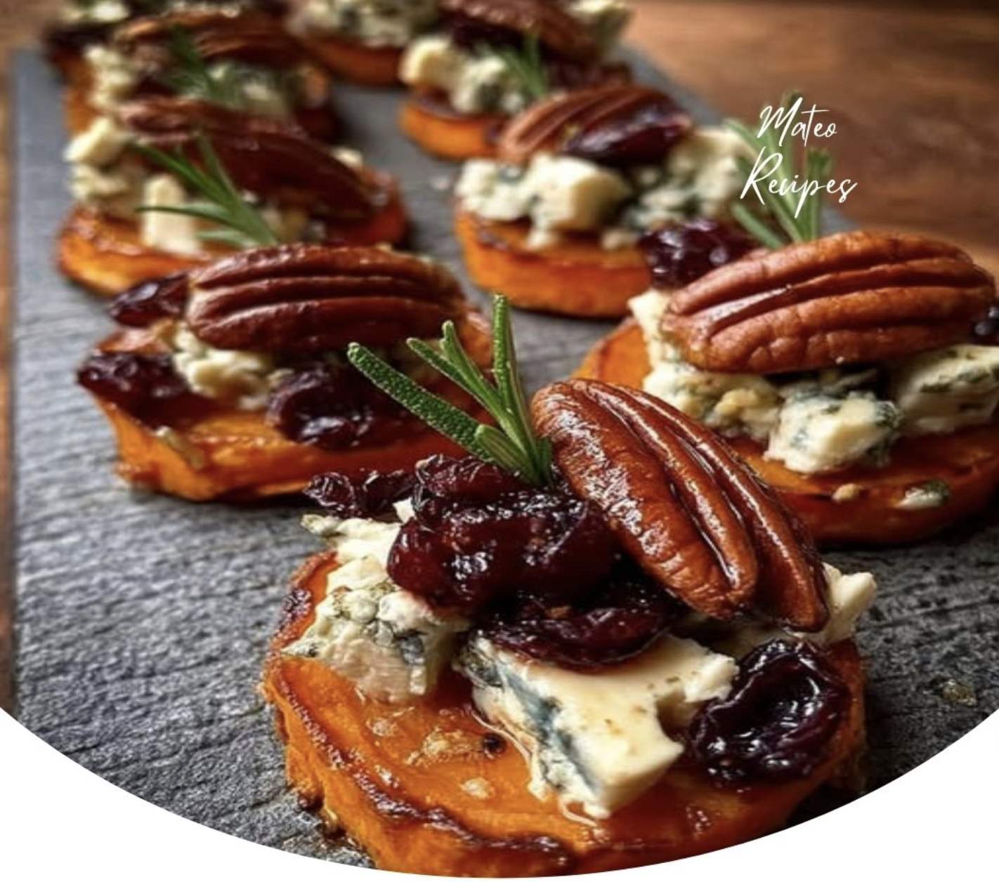 Sweet Potato Rounds with Blue Cheese, Cranberry & Pecans