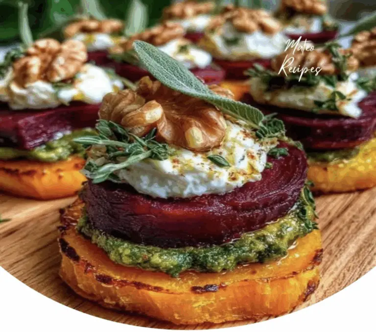 Sweet Potato & Beet Stacks with Pesto, Burrata & Walnuts