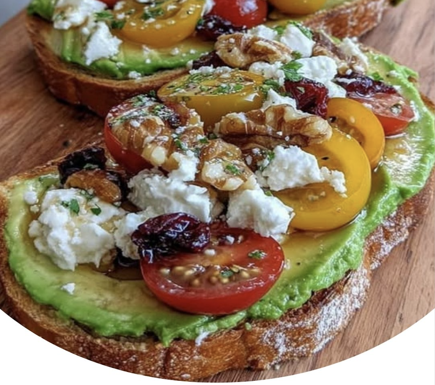 Avocado Toast with Feta, Cherry Tomatoes, Cranberries, and Walnuts