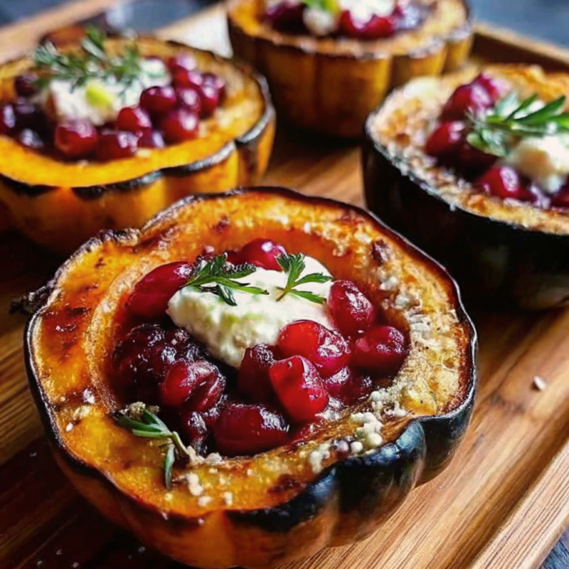 Honey-Glazed Acorn Squash with Creamy Goat Cheese and Cranberry Drizzle Recipe