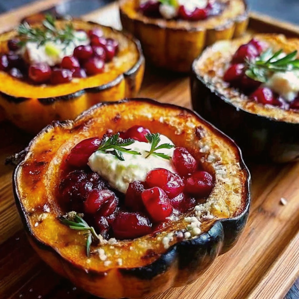 Honey-Glazed Acorn Squash with Creamy Goat Cheese and Cranberry Drizzle Recipe