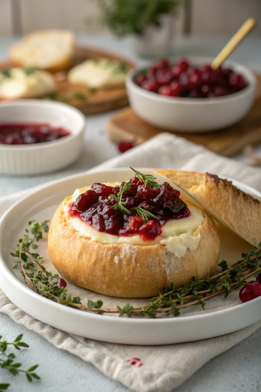 Baked Brie in Bread Bowl with Cranberry Sauce and Thyme