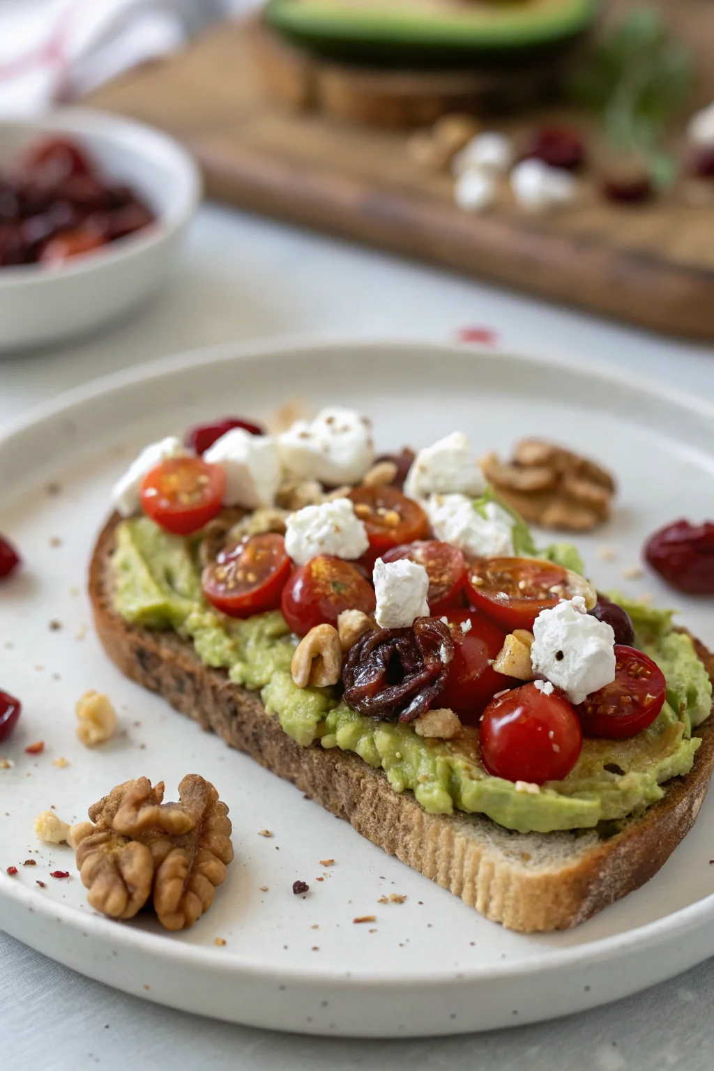 Avocado Toast with Feta, Cherry Tomatoes, Cranberries, and Walnuts