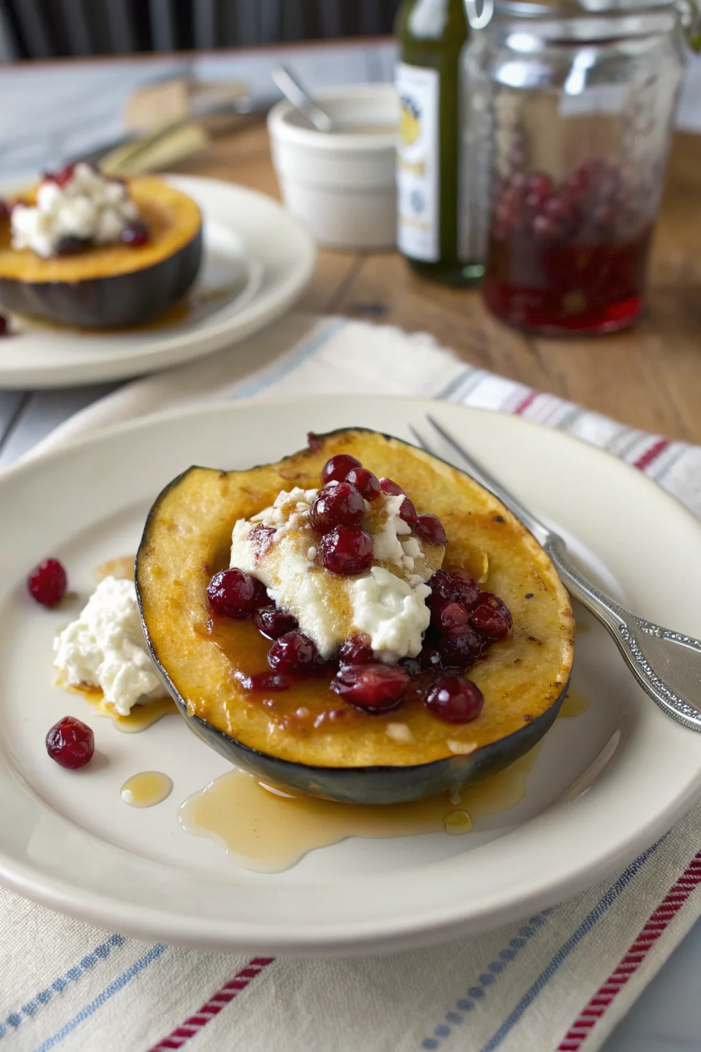 Honey-Glazed Acorn Squash with Creamy Goat Cheese and Cranberry Drizzle