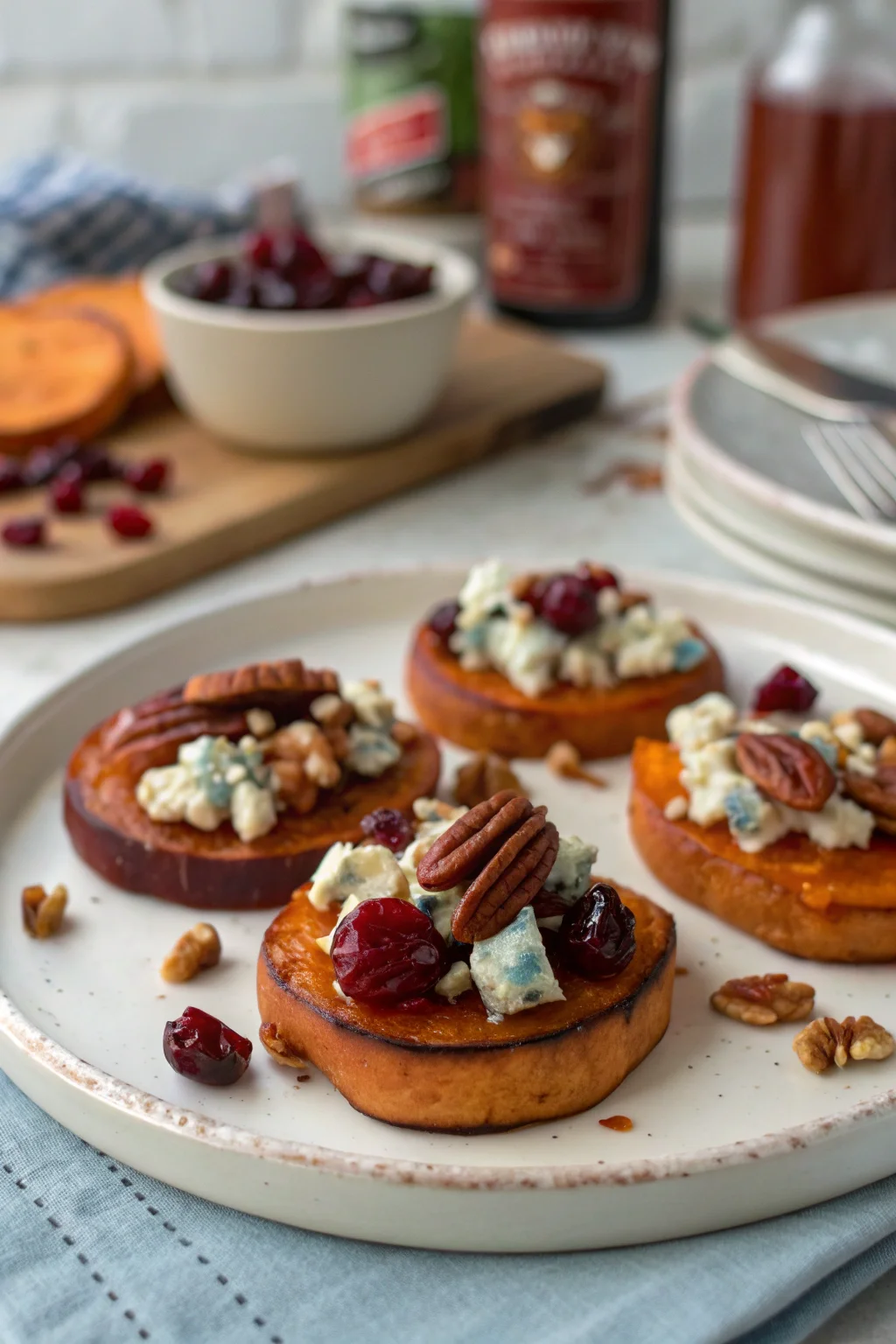 Sweet Potato Rounds with Blue Cheese, Cranberry & Pecans