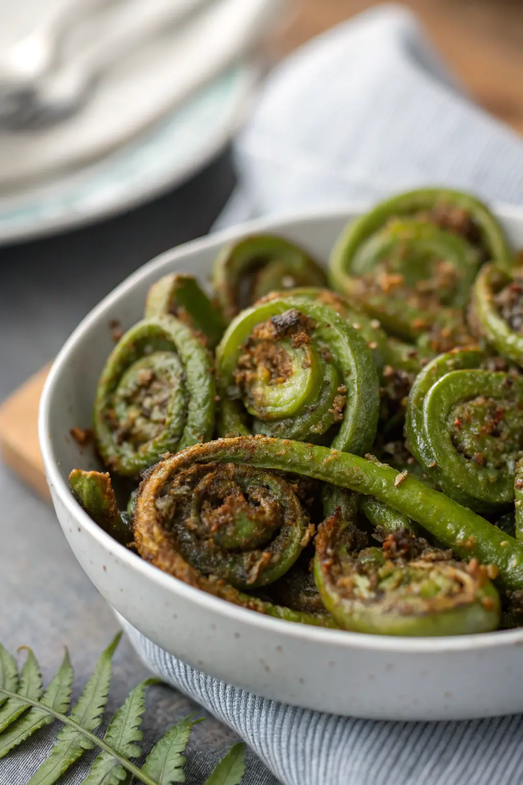 A delicious plate of Air Fryer Fiddleheads