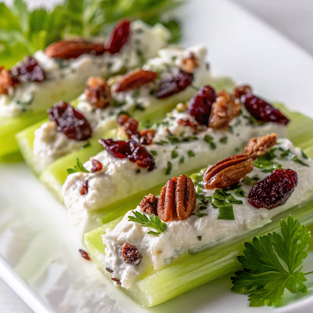 A delicious plate of Cranberry Pecan Cream Cheese Stuffed Celery