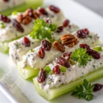 A delicious plate of Cranberry Pecan Cream Cheese Stuffed Celery