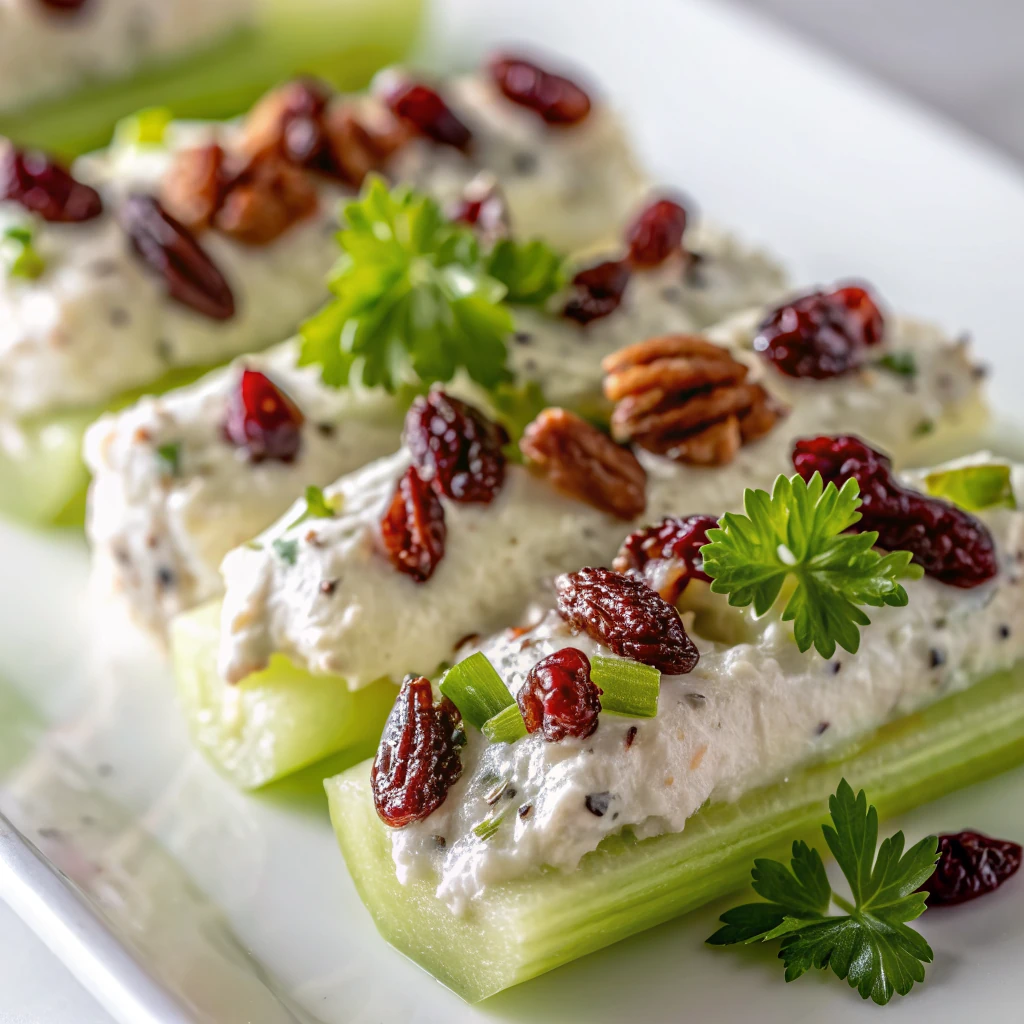 A delicious plate of Cranberry Pecan Cream Cheese Stuffed Celery