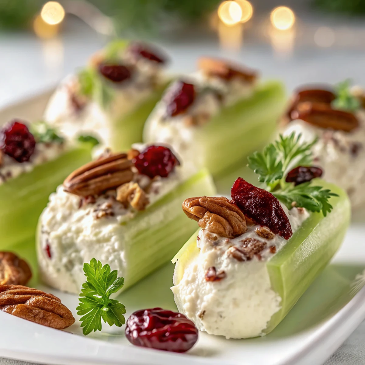 A delicious plate of Cranberry Pecan Cream Cheese Stuffed Celery