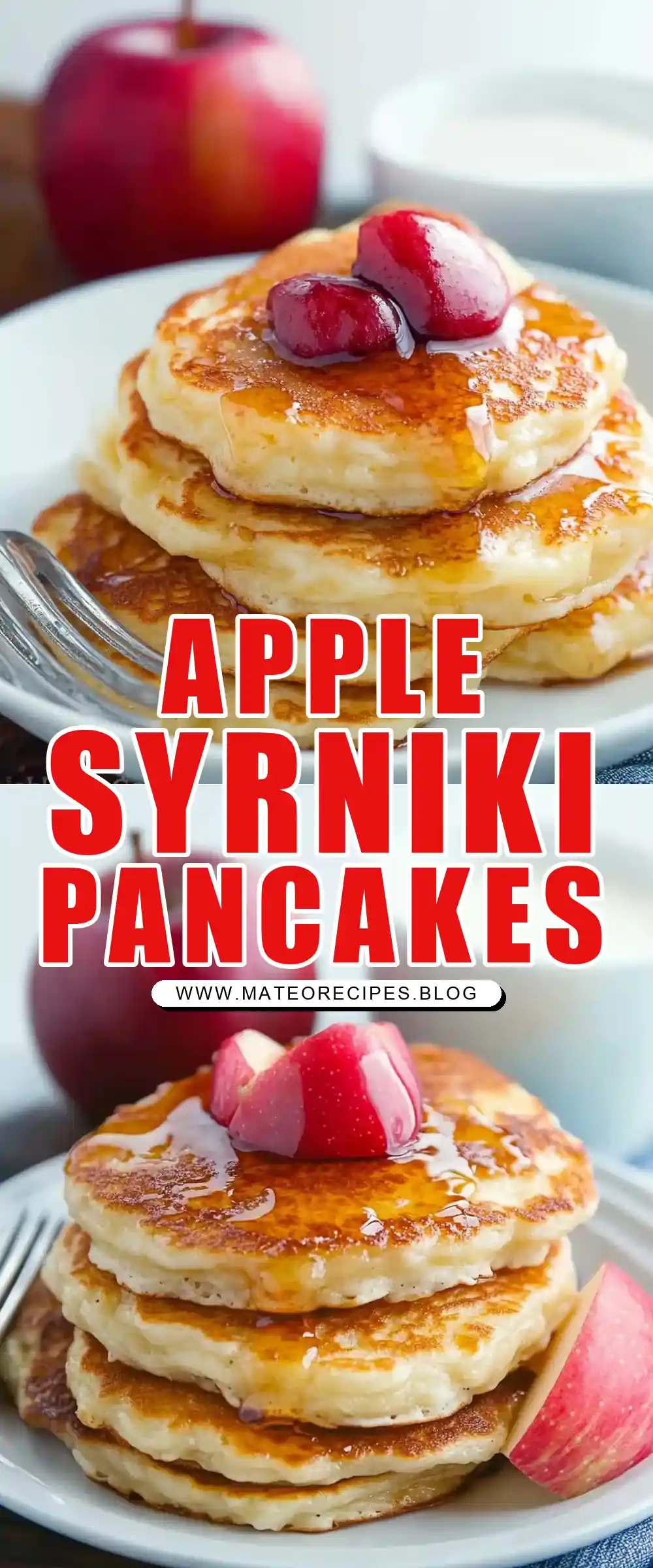Pinterest pin (Design 1) for Farmers Cheese Pancakes with Apple (Syrniki)