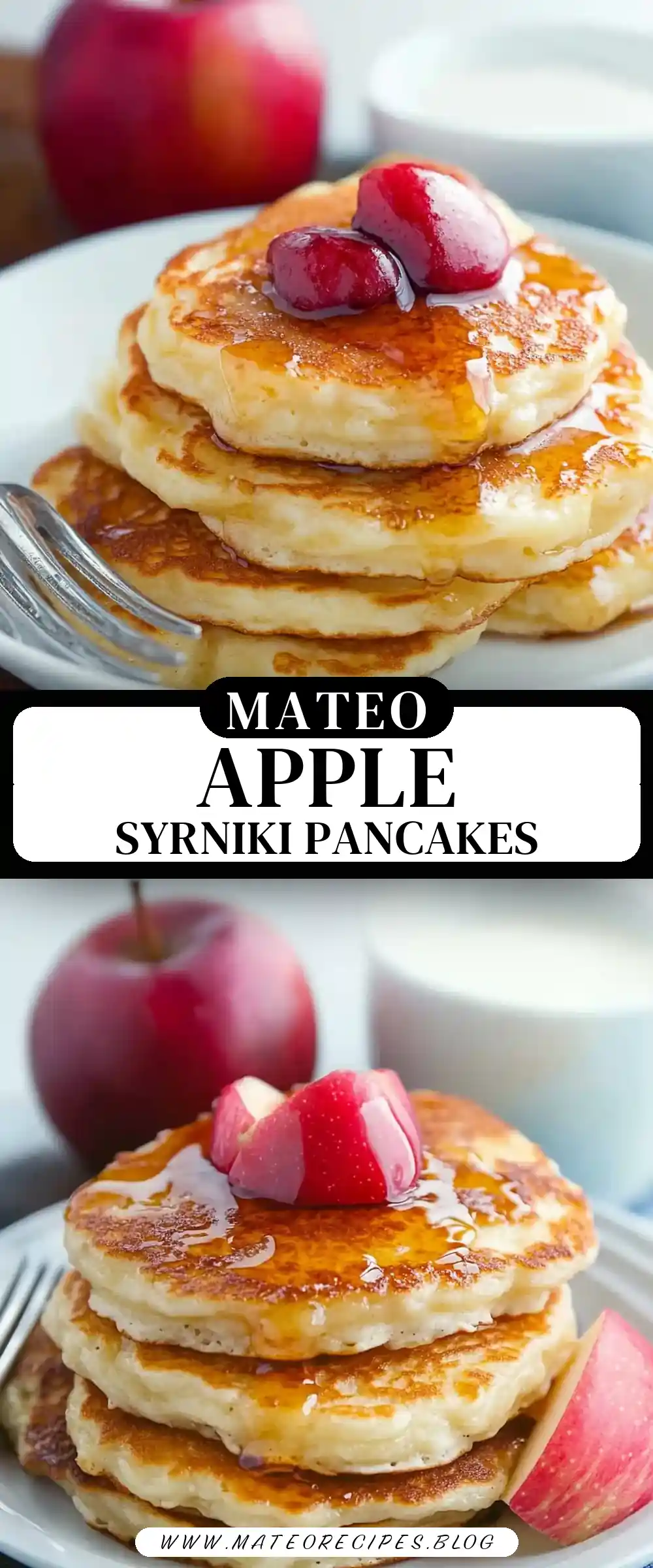 Pinterest pin (Design 3) for Farmers Cheese Pancakes with Apple (Syrniki)