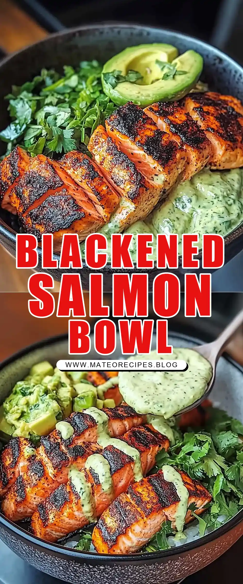 Pinterest pin (Design 1) for Spicy Blackened Salmon Bowl with Avocado Cilantro Sauce 🔥