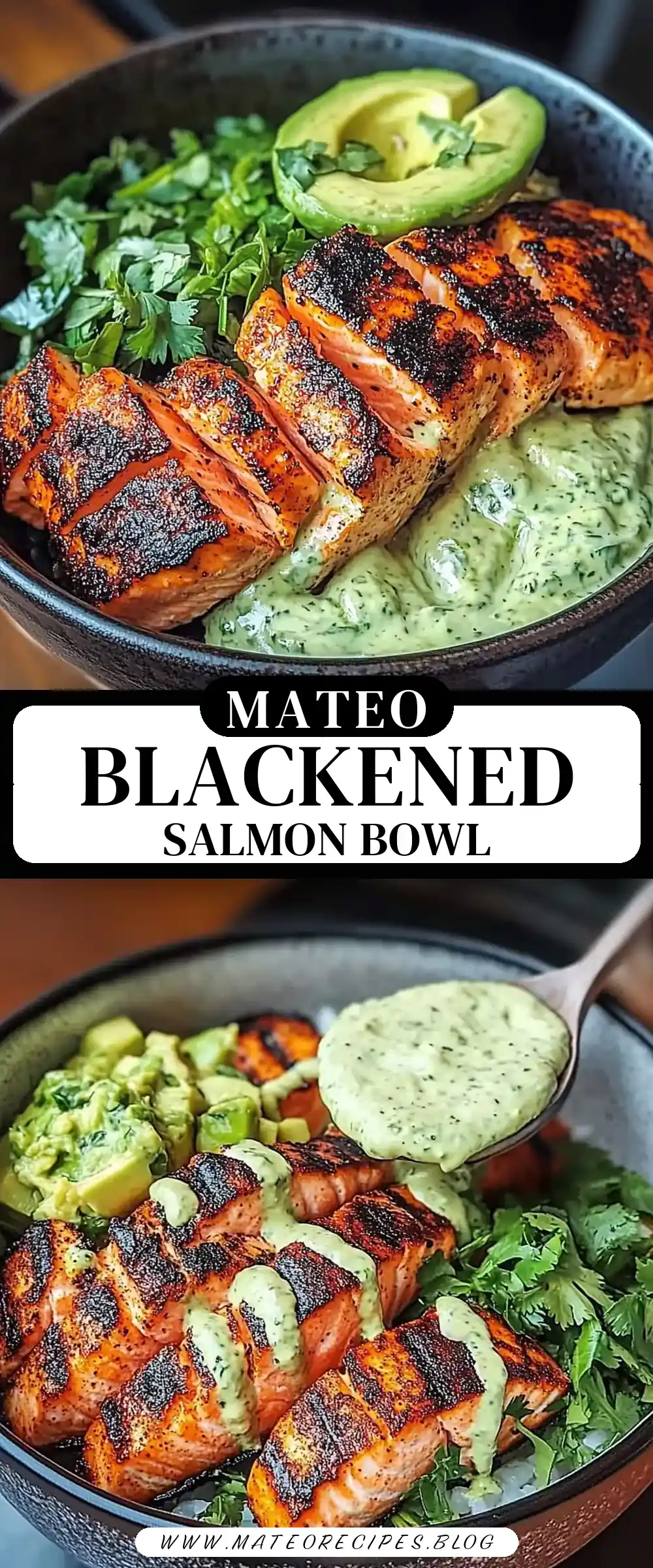Pinterest pin (Design 3) for Spicy Blackened Salmon Bowl with Avocado Cilantro Sauce 🔥