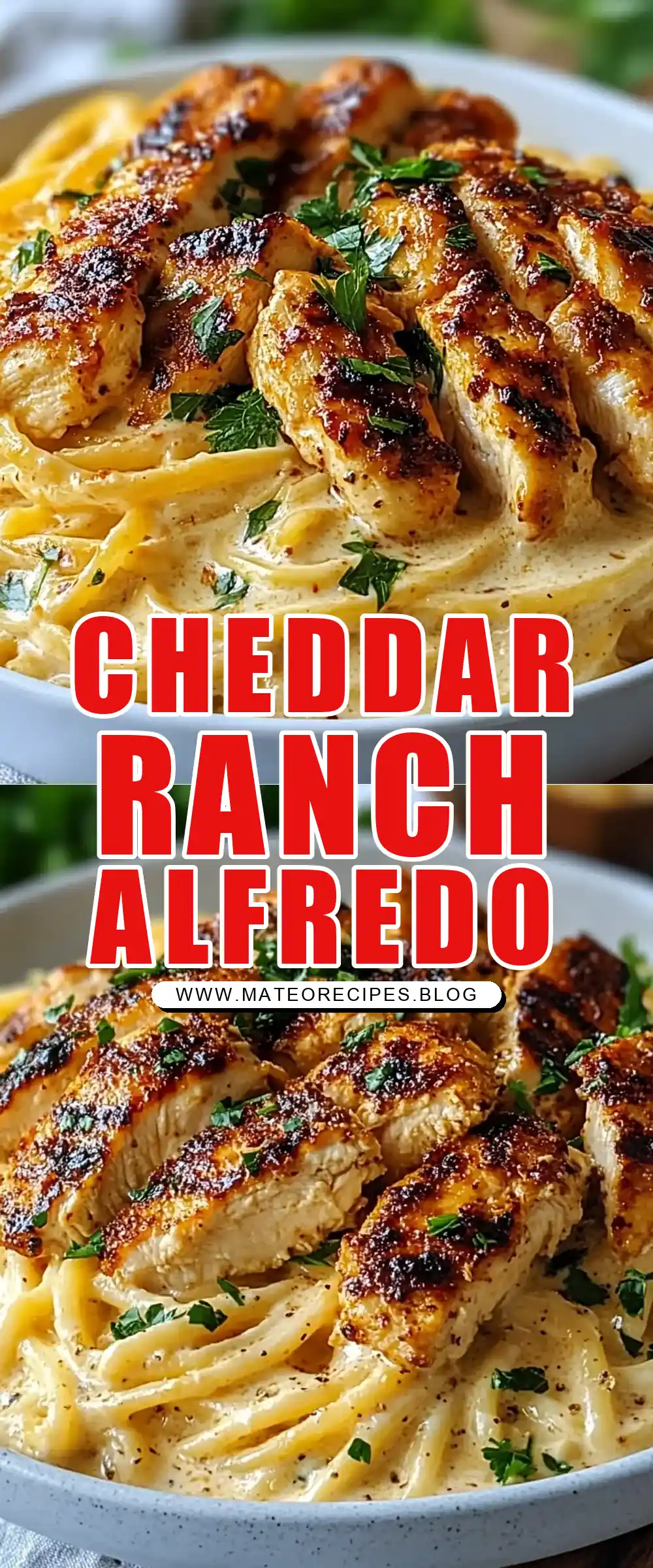 Pinterest pin (Design 1) for Creamy Cheddar BBQ Ranch Chicken Alfredo