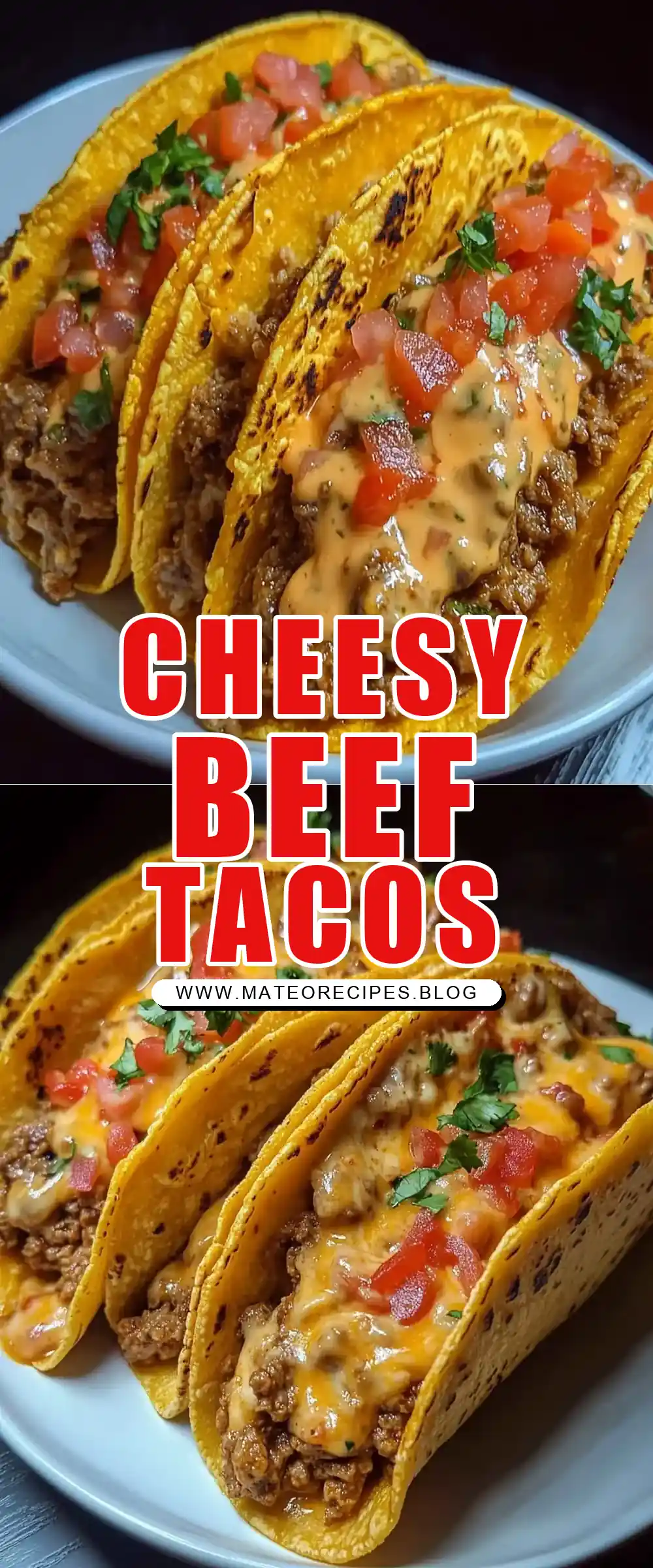 Pinterest pin (Design 1) for Cheesy Rotel Beef Tacos