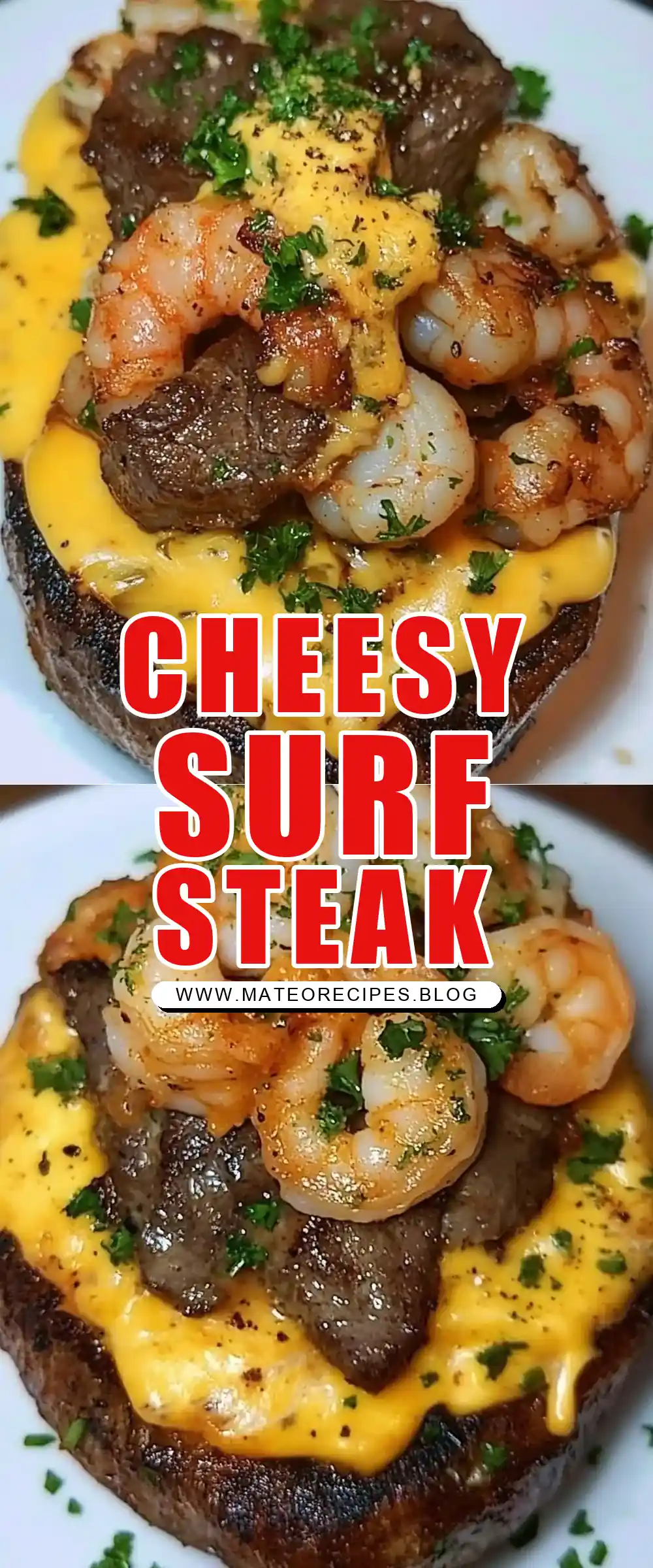 Pinterest pin (Design 1) for Steak & Shrimp Over a Cheesy Jumbo