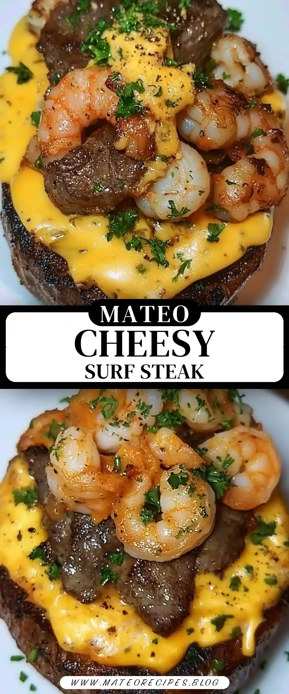Pinterest pin (Design 3) for Steak & Shrimp Over a Cheesy Jumbo