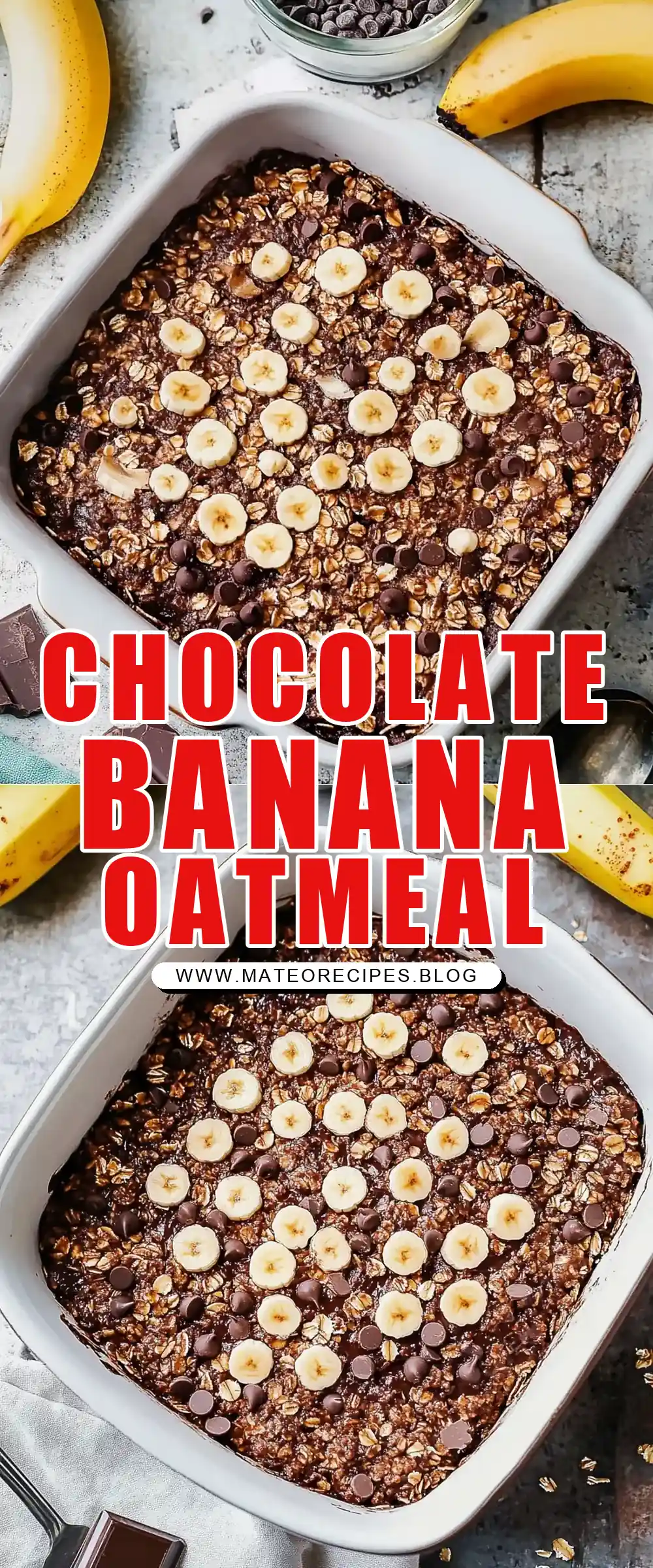 Pinterest pin (Design 1) for Chocolate Banana Baked Oatmeal