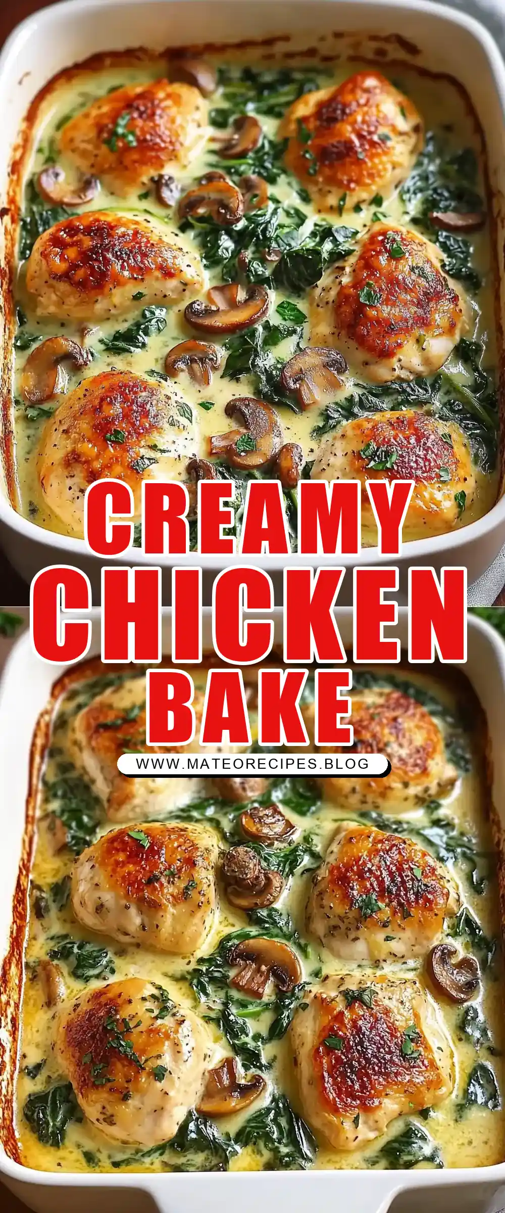 Pinterest pin (Design 1) for Low Carb Creamy Chicken, Spinach & Mushroom Bake